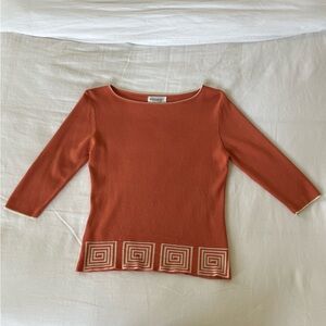 Women’s Vintage 3/4 Sleeves Knit Blouse White Trim Geometric Print